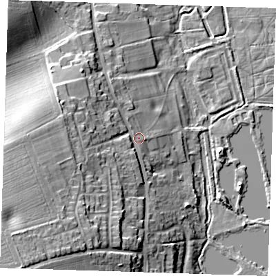Shaded relief map of the ground around DA49HQ, computed from Environment Agency LiDAR. The ground here sits at about 25 m above sea level and falls 30 m across the surrounding 800 m. Surface water reaching this point runs off ground lying to the south-west, 21.3 m higher.