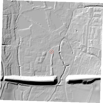 Shaded relief map of the ground around DA49HT, computed from Environment Agency LiDAR. The ground here sits at about 21 m above sea level and falls 28 m across the surrounding 800 m. Surface water reaching this point runs off ground lying to the east-south-east, 26.1 m higher.