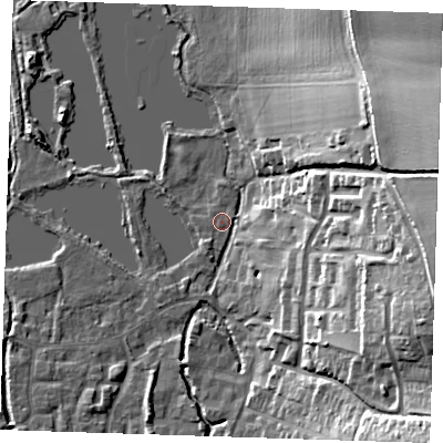 Shaded relief map of the ground around DA49HU, computed from Environment Agency LiDAR. The ground here sits at about 20 m above sea level and falls 30 m across the surrounding 800 m. Surface water reaching this point runs off ground lying to the east-south-east, 28.4 m higher.