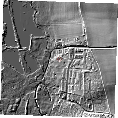 Shaded relief map of the ground around DA49JP, computed from Environment Agency LiDAR. The ground here sits at about 23 m above sea level and falls 36 m across the surrounding 800 m. Surface water reaching this point runs off ground lying to the east-north-east, 9.6 m higher.