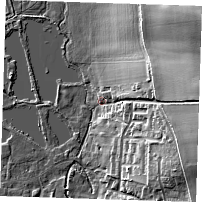 Shaded relief map of the ground around DA49JR, computed from Environment Agency LiDAR. The ground here sits at about 22 m above sea level and falls 35 m across the surrounding 800 m. Surface water reaching this point runs off ground lying to the east, 32.0 m higher.