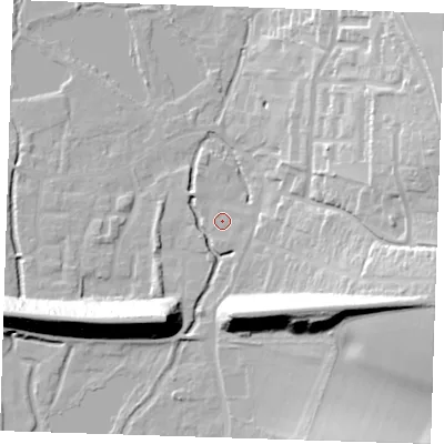 Shaded relief map of the ground around DA49LN, computed from Environment Agency LiDAR. The ground here sits at about 22 m above sea level and falls 29 m across the surrounding 800 m. Surface water reaching this point runs off ground lying to the south-south-east, 1.3 m higher.