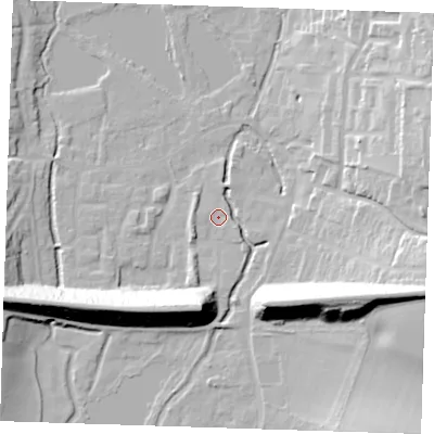 Shaded relief map of the ground around DA49LQ, computed from Environment Agency LiDAR. The ground here sits at about 21 m above sea level and falls 28 m across the surrounding 800 m. Surface water reaching this point runs off ground lying to the south, 21.6 m higher.