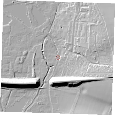 Shaded relief map of the ground around DA49LW, computed from Environment Agency LiDAR. The ground here sits at about 22 m above sea level and falls 33 m across the surrounding 800 m. Surface water reaching this point runs off ground lying to the east-south-east, 28.8 m higher.