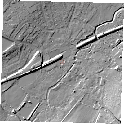 Shaded relief map of the ground around DA51BF, computed from Environment Agency LiDAR. The ground here sits at about 13 m above sea level and falls 20 m across the surrounding 800 m. Surface water reaching this point runs off ground lying to the south-east, 12.4 m higher.