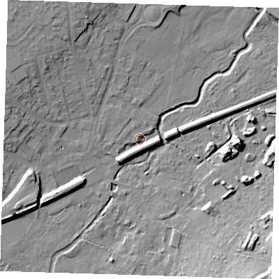 Shaded relief map of the ground around DA51BJ, computed from Environment Agency LiDAR. The ground here sits at about 12 m above sea level and falls 20 m across the surrounding 800 m. Surface water reaching this point runs off ground lying to the south-west, 6.4 m higher.