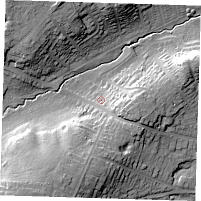 Shaded relief map of the ground around DA51JA, computed from Environment Agency LiDAR. The ground here sits at about 21 m above sea level and falls 29 m across the surrounding 800 m. Surface water reaching this point runs off ground lying to the east-south-east, 12.4 m higher.