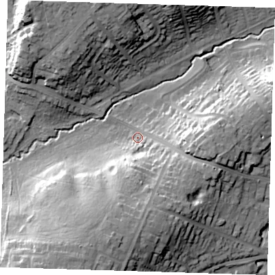 Shaded relief map of the ground around DA51JB, computed from Environment Agency LiDAR. The ground here sits at about 20 m above sea level and falls 29 m across the surrounding 800 m. Surface water reaching this point runs off ground lying to the south-south-west, 22.1 m higher.