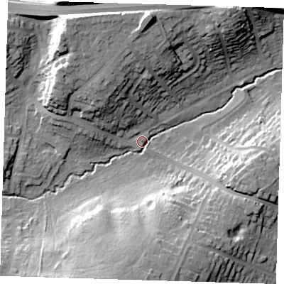Shaded relief map of the ground around DA51JD, computed from Environment Agency LiDAR. The ground here sits at about 18 m above sea level and falls 27 m across the surrounding 800 m. Surface water reaching this point runs off ground lying to the south, 25.4 m higher.