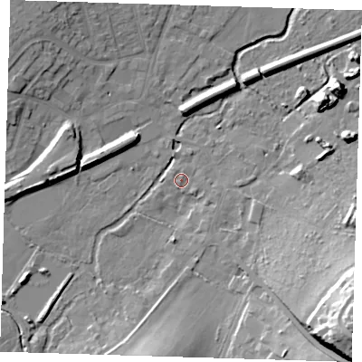 Shaded relief map of the ground around DA51JS, computed from Environment Agency LiDAR. The ground here sits at about 13 m above sea level and falls 32 m across the surrounding 800 m. Surface water reaching this point runs off ground lying to the north-north-east, 0.8 m higher.