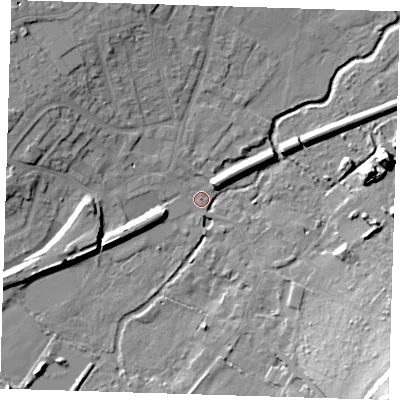 Shaded relief map of the ground around DA51JT, computed from Environment Agency LiDAR. The ground here sits at about 13 m above sea level and falls 27 m across the surrounding 800 m. Surface water reaching this point runs off ground lying to the west-north-west, 9.1 m higher.
