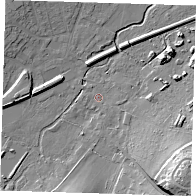 Shaded relief map of the ground around DA51JY, computed from Environment Agency LiDAR. The ground here sits at about 13 m above sea level and falls 33 m across the surrounding 800 m. Surface water reaching this point runs off ground lying to the south-east, 29.4 m higher.