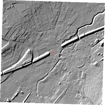 Shaded relief map of the ground around DA51LA, computed from Environment Agency LiDAR. The ground here sits at about 13 m above sea level and falls 21 m across the surrounding 800 m. Surface water reaching this point runs off ground lying to the west-south-west, 7.0 m higher.