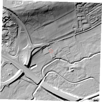 Shaded relief map of the ground around DA51PQ, computed from Environment Agency LiDAR. The ground here sits at about 12 m above sea level and falls 38 m across the surrounding 800 m. Surface water reaching this point runs off ground lying to the west-north-west, 7.5 m higher.