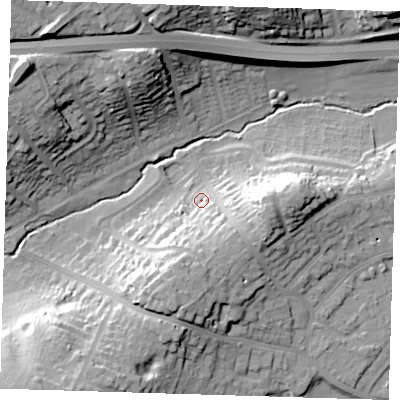 Shaded relief map of the ground around DA51QT, computed from Environment Agency LiDAR. The ground here sits at about 19 m above sea level and falls 28 m across the surrounding 800 m. Surface water reaching this point runs off ground lying to the south-south-west, 16.1 m higher.