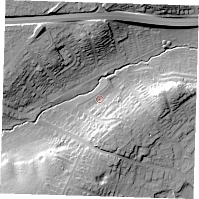 Shaded relief map of the ground around DA51RE, computed from Environment Agency LiDAR. The ground here sits at about 17 m above sea level and falls 27 m across the surrounding 800 m. Surface water reaching this point runs off ground lying to the south-south-east, 17.2 m higher.
