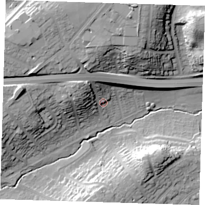 Shaded relief map of the ground around DA51RG, computed from Environment Agency LiDAR. The ground here sits at about 22 m above sea level and falls 33 m across the surrounding 800 m. Surface water reaching this point runs off ground lying to the north-north-west, 23.7 m higher.