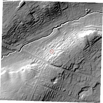 Shaded relief map of the ground around DA51RH, computed from Environment Agency LiDAR. The ground here sits at about 24 m above sea level and falls 29 m across the surrounding 800 m. Surface water reaching this point runs off ground lying to the south-east, 12.7 m higher.