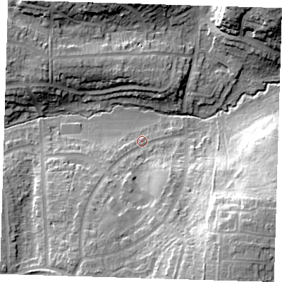 Shaded relief map of the ground around DA53AN, computed from Environment Agency LiDAR. The ground here sits at about 21 m above sea level and falls 27 m across the surrounding 800 m. Surface water reaching this point runs off ground lying to the south-south-east, 21.3 m higher.