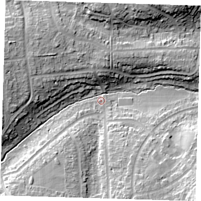 Shaded relief map of the ground around DA53AU, computed from Environment Agency LiDAR. The ground here sits at about 21 m above sea level and falls 19 m across the surrounding 800 m. Surface water reaching this point runs off ground lying to the west-north-west, 14.3 m higher.