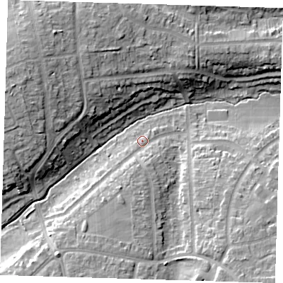 Shaded relief map of the ground around DA53BA, computed from Environment Agency LiDAR. The ground here sits at about 23 m above sea level and falls 16 m across the surrounding 800 m. Surface water reaching this point runs off ground lying to the south-south-west, 7.4 m higher.
