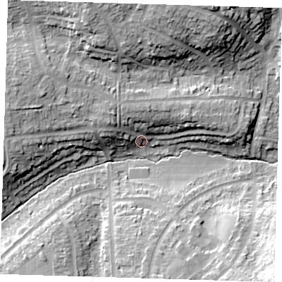 Shaded relief map of the ground around DA53BN, computed from Environment Agency LiDAR. The ground here sits at about 22 m above sea level and falls 21 m across the surrounding 800 m. Surface water reaching this point runs off ground lying to the west-north-west, 7.1 m higher.