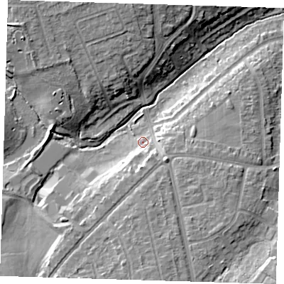 Shaded relief map of the ground around DA53EA, computed from Environment Agency LiDAR. The ground here sits at about 25 m above sea level and falls 14 m across the surrounding 800 m. Surface water reaching this point runs off ground lying to the south-south-east, 4.5 m higher.