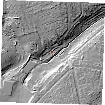 Shaded relief map of the ground around DA53EE, computed from Environment Agency LiDAR. The ground here sits at about 24 m above sea level and falls 14 m across the surrounding 800 m. Surface water reaching this point runs off ground lying to the north, 10.6 m higher.