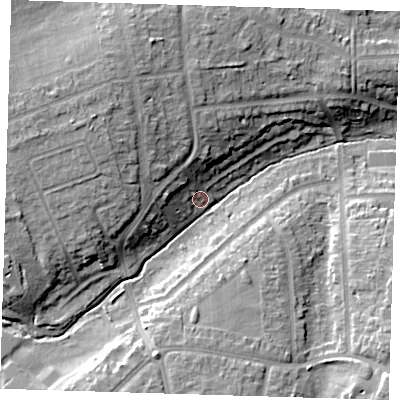 Shaded relief map of the ground around DA53ET, computed from Environment Agency LiDAR. The ground here sits at about 23 m above sea level and falls 15 m across the surrounding 800 m. Surface water reaching this point runs off ground lying to the north-west, 13.5 m higher.