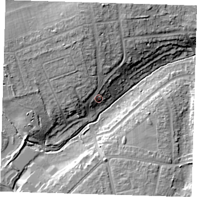 Shaded relief map of the ground around DA53EU, computed from Environment Agency LiDAR. The ground here sits at about 27 m above sea level and falls 14 m across the surrounding 800 m. Surface water reaching this point runs off ground lying to the north-north-west, 6.6 m higher.
