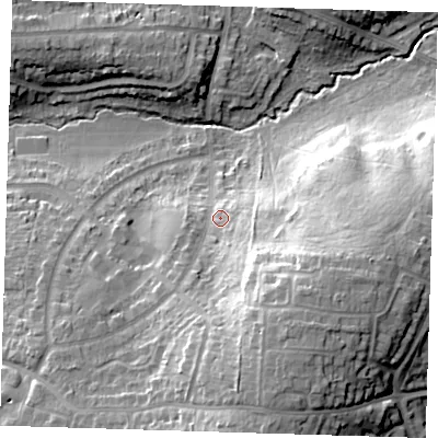 Shaded relief map of the ground around DA53LL, computed from Environment Agency LiDAR. The ground here sits at about 27 m above sea level and falls 27 m across the surrounding 800 m. Surface water reaching this point runs off ground lying to the south-south-east, 18.0 m higher.