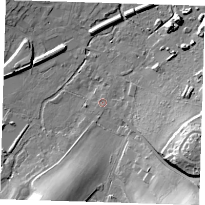 Shaded relief map of the ground around DA53LZ, computed from Environment Agency LiDAR. The ground here sits at about 14 m above sea level and falls 36 m across the surrounding 800 m. Surface water reaching this point runs off ground lying to the east-south-east, 1.6 m higher.
