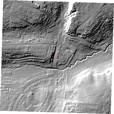 Shaded relief map of the ground around DA53PT, computed from Environment Agency LiDAR. The ground here sits at about 21 m above sea level and falls 27 m across the surrounding 800 m. Surface water reaching this point runs off ground lying to the west, 5.3 m higher.