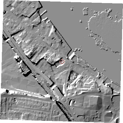 Shaded relief map of the ground around DA81AE, computed from Environment Agency LiDAR. The ground here sits at about 3 m above sea level and falls 24 m across the surrounding 800 m. Surface water reaching this point runs off ground lying to the west, 10.4 m higher.
