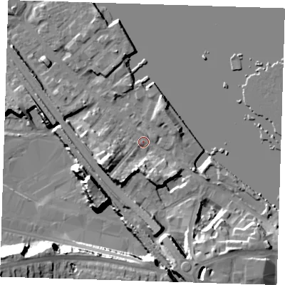 Shaded relief map of the ground around DA81AF, computed from Environment Agency LiDAR. The ground here sits at about 4 m above sea level and falls 30 m across the surrounding 800 m. Surface water reaching this point runs off ground lying to the south-south-east, 14.0 m higher.