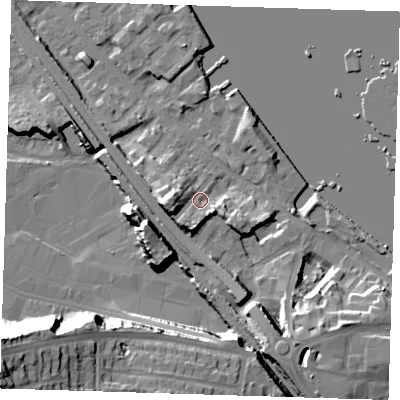Shaded relief map of the ground around DA81AH, computed from Environment Agency LiDAR. The ground here sits at about 7 m above sea level and falls 33 m across the surrounding 800 m. Surface water reaching this point runs off ground lying to the south-south-west, 7.0 m higher.