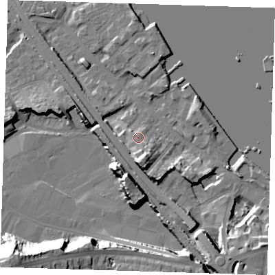 Shaded relief map of the ground around DA81AJ, computed from Environment Agency LiDAR. The ground here sits at about 8 m above sea level and falls 36 m across the surrounding 800 m. Surface water reaching this point runs off ground lying to the south-south-east, 6.8 m higher.