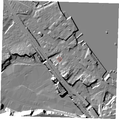 Shaded relief map of the ground around DA81AL, computed from Environment Agency LiDAR. The ground here sits at about 6 m above sea level and falls 33 m across the surrounding 800 m. Surface water reaching this point runs off ground lying to the south-south-east, 9.4 m higher.