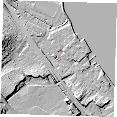 Shaded relief map of the ground around DA81AN, computed from Environment Agency LiDAR. The ground here sits at about 4 m above sea level and falls 18 m across the surrounding 800 m. Surface water reaching this point runs off ground lying to the south-south-east, 12.0 m higher.