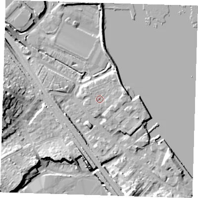 Shaded relief map of the ground around DA81AP, computed from Environment Agency LiDAR. The ground here sits at about 5 m above sea level and falls 15 m across the surrounding 800 m. Surface water reaching this point runs off ground lying to the east-north-east, 2.4 m higher.