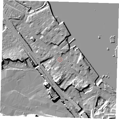 Shaded relief map of the ground around DA81AQ, computed from Environment Agency LiDAR. The ground here sits at about 4 m above sea level and falls 21 m across the surrounding 800 m. Surface water reaching this point runs off ground lying to the south, 11.9 m higher.