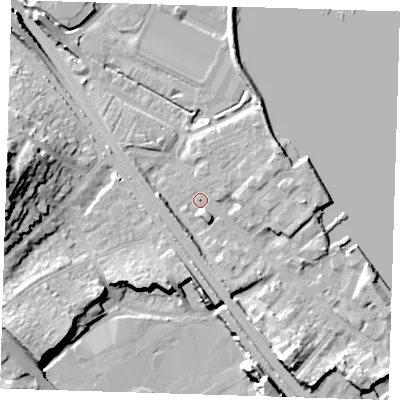 Shaded relief map of the ground around DA81AR, computed from Environment Agency LiDAR. The ground here sits at about 4 m above sea level and falls 23 m across the surrounding 800 m. Surface water reaching this point runs off ground lying to the south-south-east, 11.4 m higher.