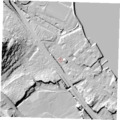 Shaded relief map of the ground around DA81AS, computed from Environment Agency LiDAR. The ground here sits at about 4 m above sea level and falls 30 m across the surrounding 800 m. Surface water reaching this point runs off ground lying to the south, 4.4 m higher.