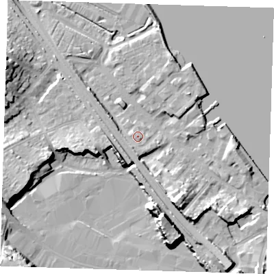Shaded relief map of the ground around DA81AT, computed from Environment Agency LiDAR. The ground here sits at about 6 m above sea level and falls 17 m across the surrounding 800 m. Surface water reaching this point runs off ground lying to the south, 1.5 m higher.
