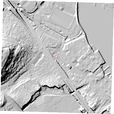 Shaded relief map of the ground around DA81AU, computed from Environment Agency LiDAR. The ground here sits at about 3 m above sea level and falls 35 m across the surrounding 800 m. Surface water reaching this point runs off ground lying to the south-east, 0.9 m higher.