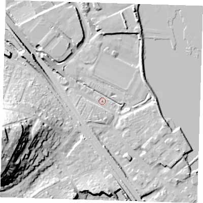 Shaded relief map of the ground around DA81AY, computed from Environment Agency LiDAR. The ground here sits at about 2 m above sea level and falls 37 m across the surrounding 800 m. Surface water reaching this point runs off ground lying to the south-south-east, 6.6 m higher.