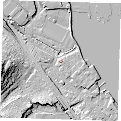 Shaded relief map of the ground around DA81BD, computed from Environment Agency LiDAR. The ground here sits at about 5 m above sea level and falls 24 m across the surrounding 800 m. Surface water reaching this point runs off ground lying to the north-east, 2.0 m higher.