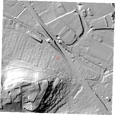 Shaded relief map of the ground around DA81BJ, computed from Environment Agency LiDAR. The ground here sits at about 4 m above sea level and falls 40 m across the surrounding 800 m. Surface water reaching this point runs off ground lying to the south-west, 34.5 m higher.