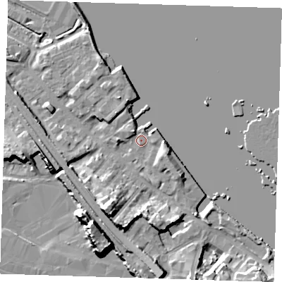 Shaded relief map of the ground around DA81BL, computed from Environment Agency LiDAR. The ground here sits at about 5 m above sea level and falls 17 m across the surrounding 800 m. Surface water reaching this point runs off ground lying to the south, 0.8 m higher.