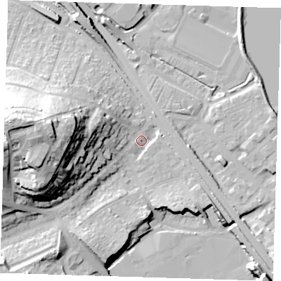 Shaded relief map of the ground around DA81BN, computed from Environment Agency LiDAR. The ground here sits at about 4 m above sea level and falls 40 m across the surrounding 800 m. Surface water reaching this point runs off ground lying to the west, 37.5 m higher.